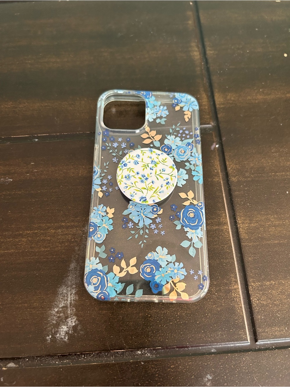 Floral Blue Clear Phone Case with Pop Socket - Blue for iPhone 14